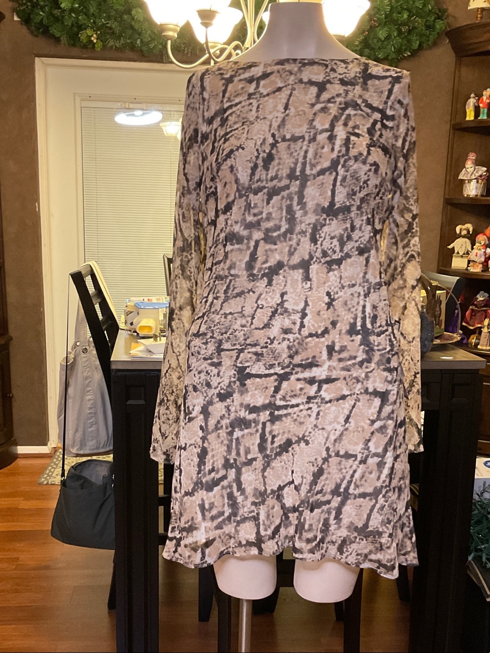 B Darlin Taupe and Black Abstract Print Long Sleeve Dress